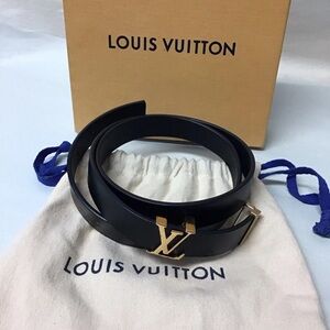 Authentic Louis Vuitton Black Thin Leather Belt with Gold Emblem